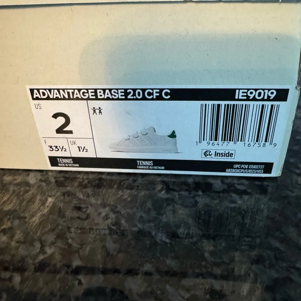 adidas ie9019 Kids Advantage Base 2.0 Tennis Court Kids Shoes Size 2 White Green